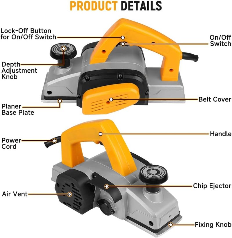 HOTECHE 3-1/4-Inch 4.7-Amp Electric Hand Planer for woodworking – High-Speed Corded Wood Planer with TCT Blade, Copper Motor, and Complete Accessory Kit - Image 2